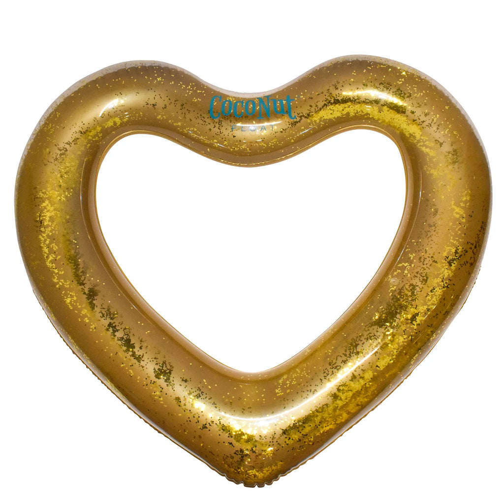 : Gold Glitter Heart Pool Float - 48"X40", Inflatable 48" Jumbo Ring, Anti-Leak, Durable, Water Accessory