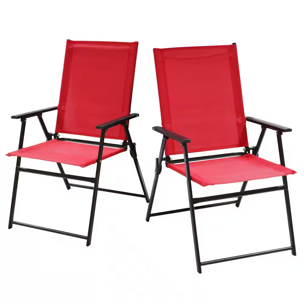 Metal Outdoor Dining Chairs Patio Folding Lawn Chair-Red (Set of 2)