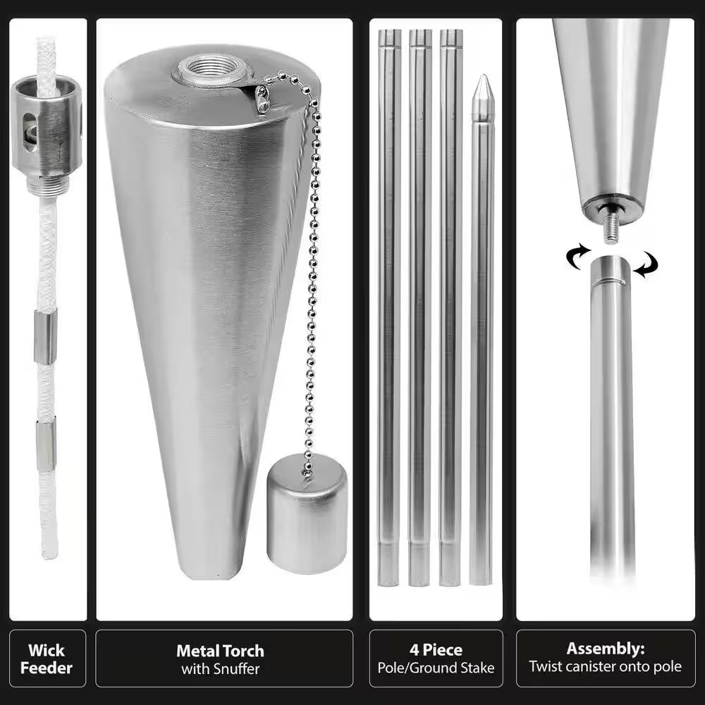 Outdoor Torches with Wick Aand Snuffer Cap Set of 4 (Cone), Citronella Oil Lamp, 3 In. X 60 In. Metal Oil Outdoor Torch