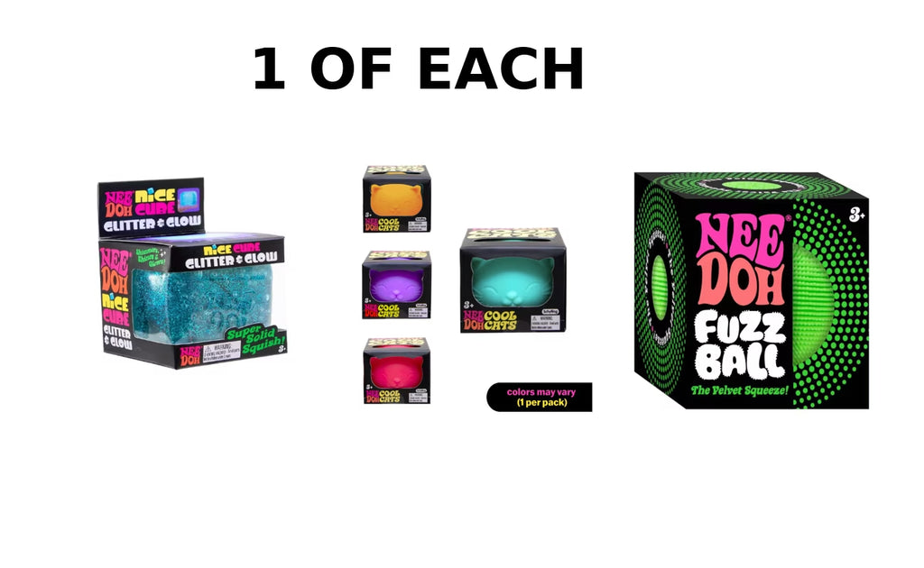 Needoh Glitter Cube, Cool Cat and Fuzz Ball. 1 Cube, 1 Cat,1 Fuzz Ball. Random Colors.