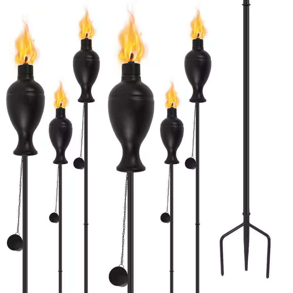 6 Pack Metal Torches for Outside, Upgraded Metal Torches with 3-Prong Grounded Stake, 58-Inch Citronella Torches