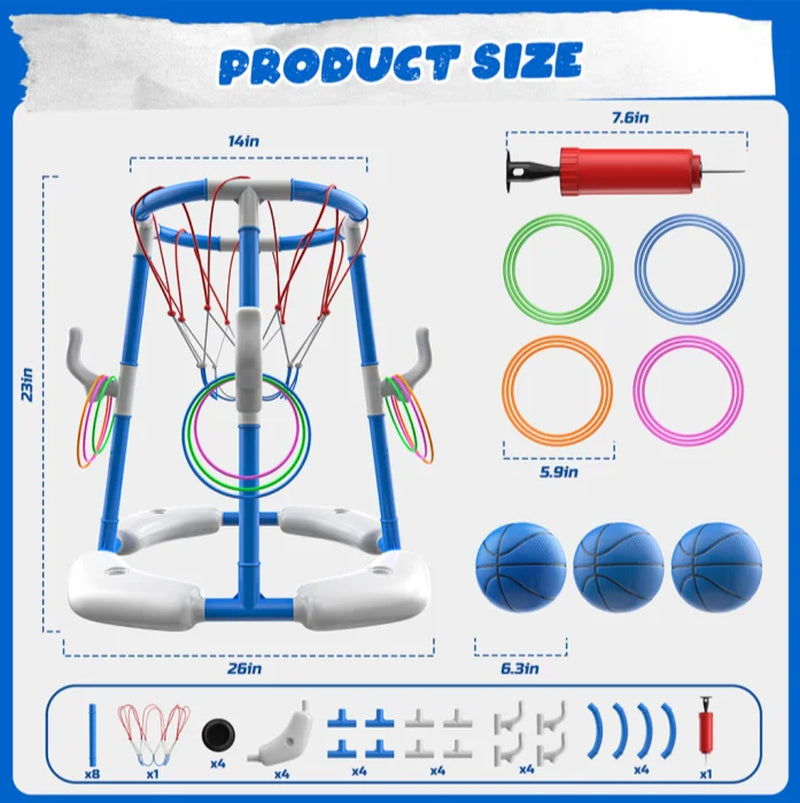 2-In-1 Floating Pool Basketball Hoops & Pool Ring Toss Game, Pool Basketball Toys with 3 Balls & 12 Rings, Inflatable Swimming Pool Toys for Toddlers