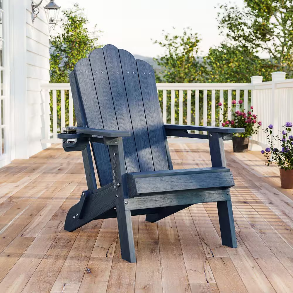 Navy Blue Plastic Foldable Adirondack Chair with Cup Holder, HDPE Lawn Chair, 350 Lbs.