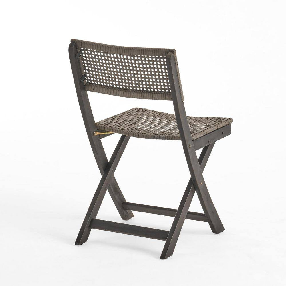 Gray Acacia Wood Folding Lawn Chair, Bistro Chair with Wicker Seat (Set of 2)