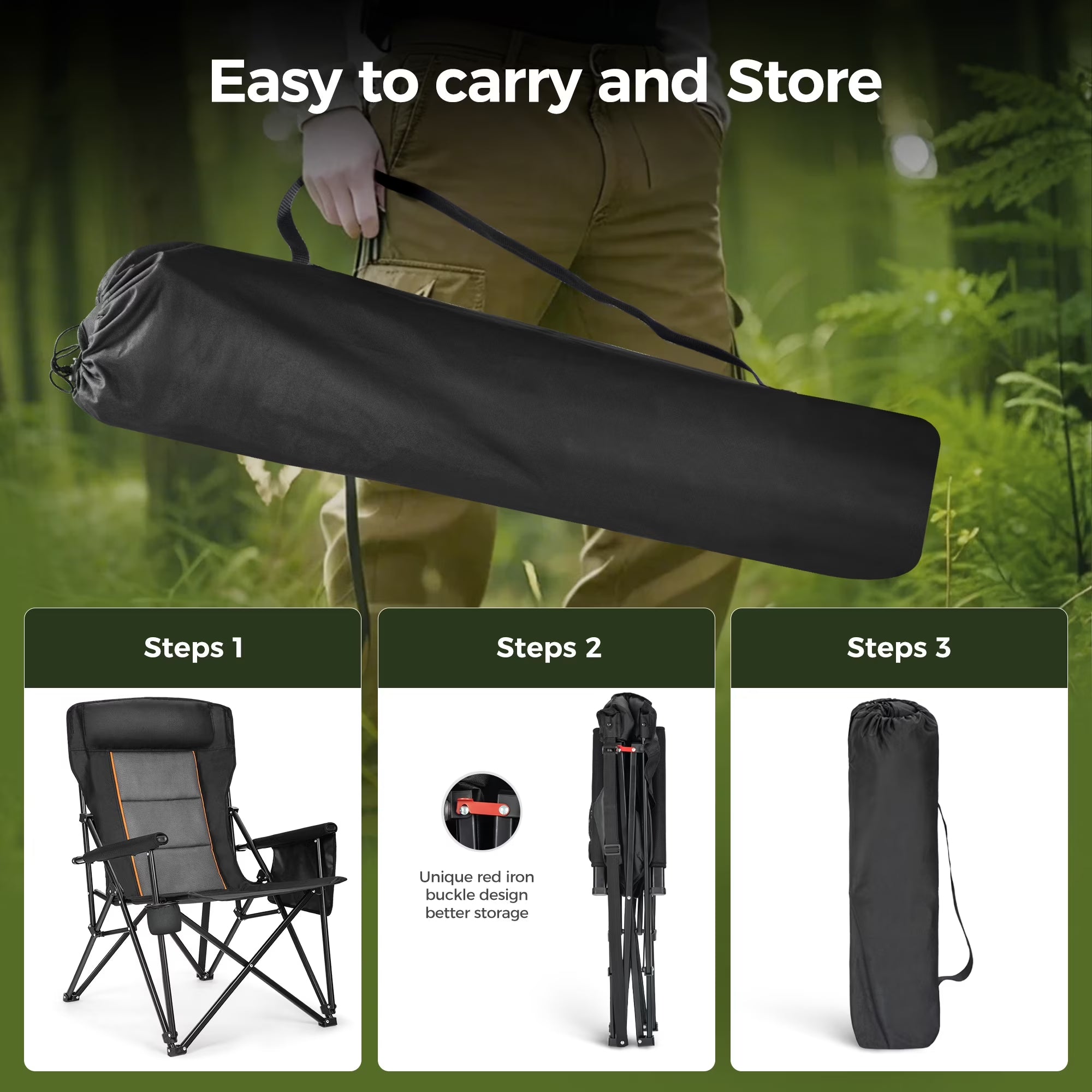 Oversized Camping Chair Heavy Duty High Back Camping Chairs 500Lbs Capacity Folding Lawn Chairs with Cup Holder, Portable for Outdoor, Beach and Picnic, Black