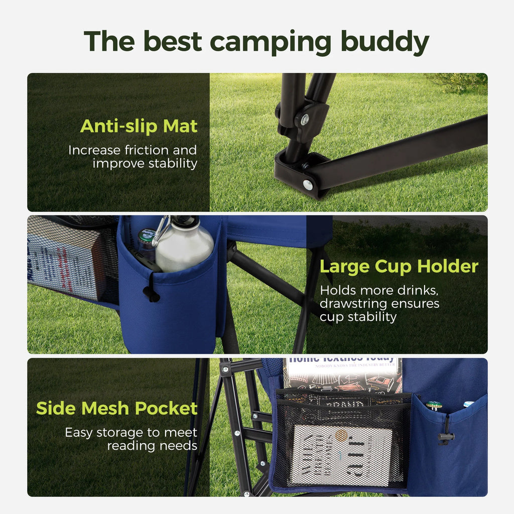 2-Pack Oversized Camping Chair Heavy Duty High Back Camping Chairs 500Lbs Capacity Folding Lawn Chairs with Cup Holder, Portable for Outdoor, Beach and Picnic, Blue