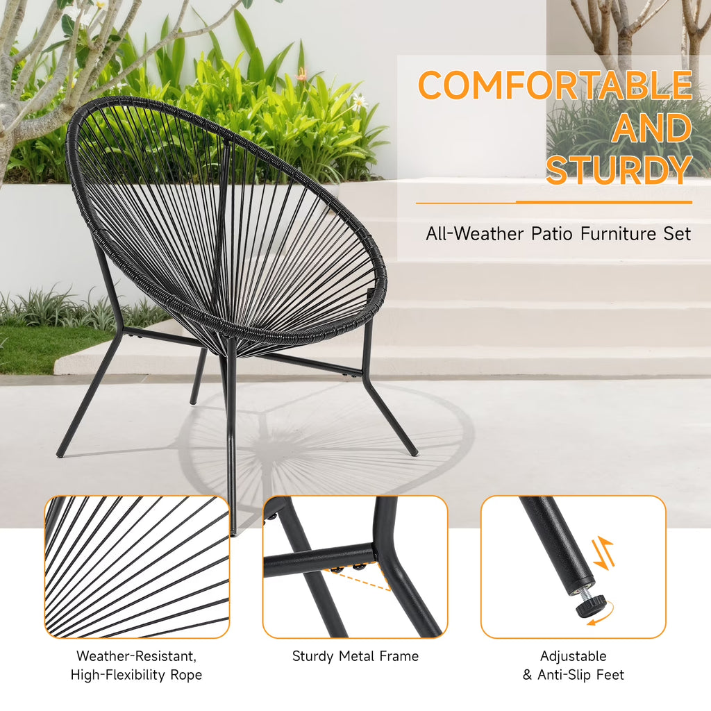 3 Piece Patio Acapulco Furniture Bistro Set, Outdoor Bistro Set Acapulco Chairs All-Weather Rattan Wicker Chairs with Plastic Rope and Coffee Table, Black