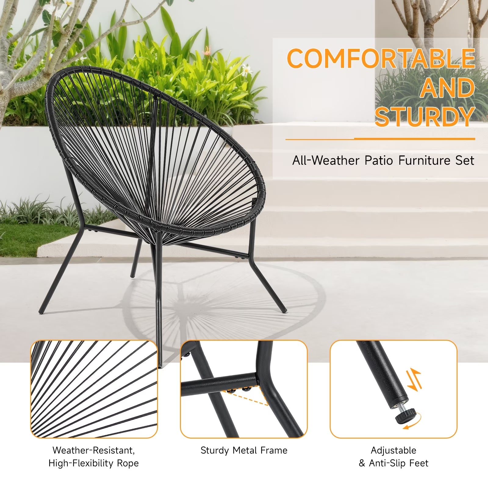 3 Piece Patio Acapulco Furniture Bistro Set, Outdoor Bistro Set Acapulco Chairs All-Weather Rattan Wicker Chairs with Plastic Rope and Coffee Table, Black