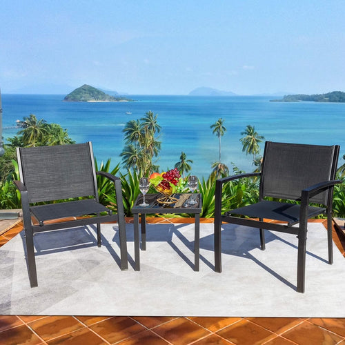 3 Pieces Patio Furniture Set Textilene Bistro Set Outdoor Conversation Set Modern Porch Furniture Lawn Chairs with Coffee Table, Black
