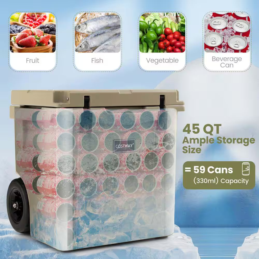 45 Qt. Cooler Towable Ice Chest Cooler with All-Terrain Wheels Leak-Proof for Camping