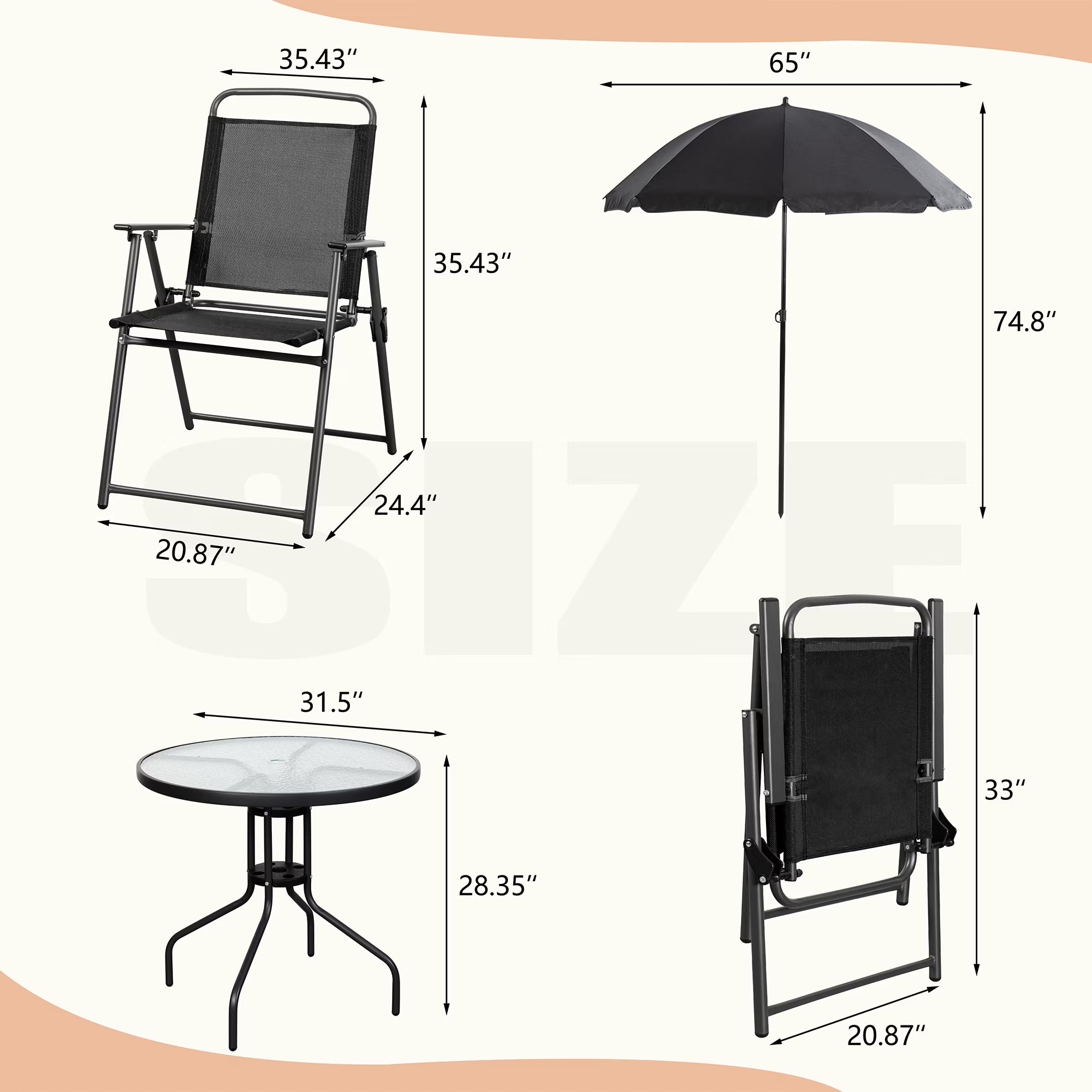 6 Piece Patio Furniture Set with Umbrella, Outdoor Patio Dining Set with 4 Folding Chairs and Tempered Glass Dining Table, Black