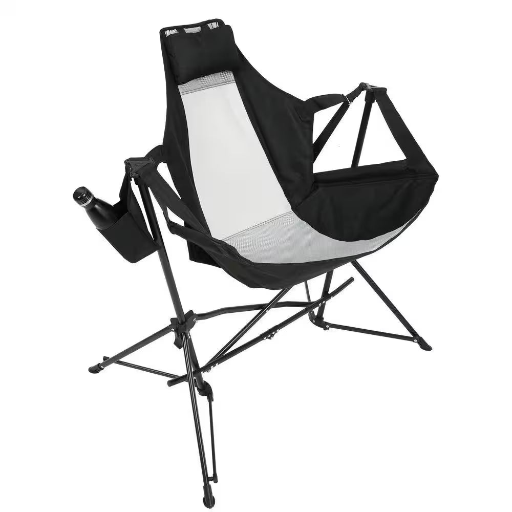 Black Metal Folding Lawn Chair, Outdoor Hammock Camping Chair with Adjustable Back, Cup Holder and Carry Bag (2PCS)