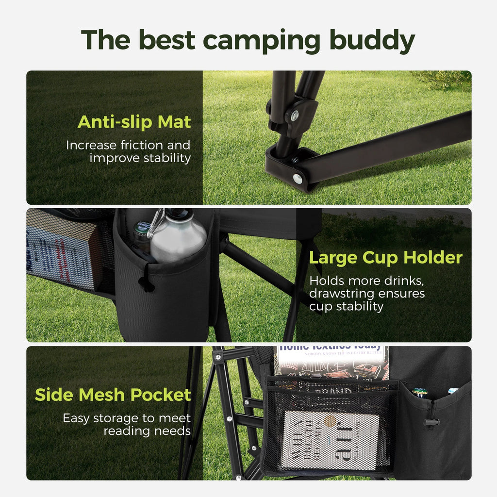 Oversized Camping Chair Heavy Duty High Back Camping Chairs 500Lbs Capacity Folding Lawn Chairs with Cup Holder, Portable for Outdoor, Beach and Picnic, Black
