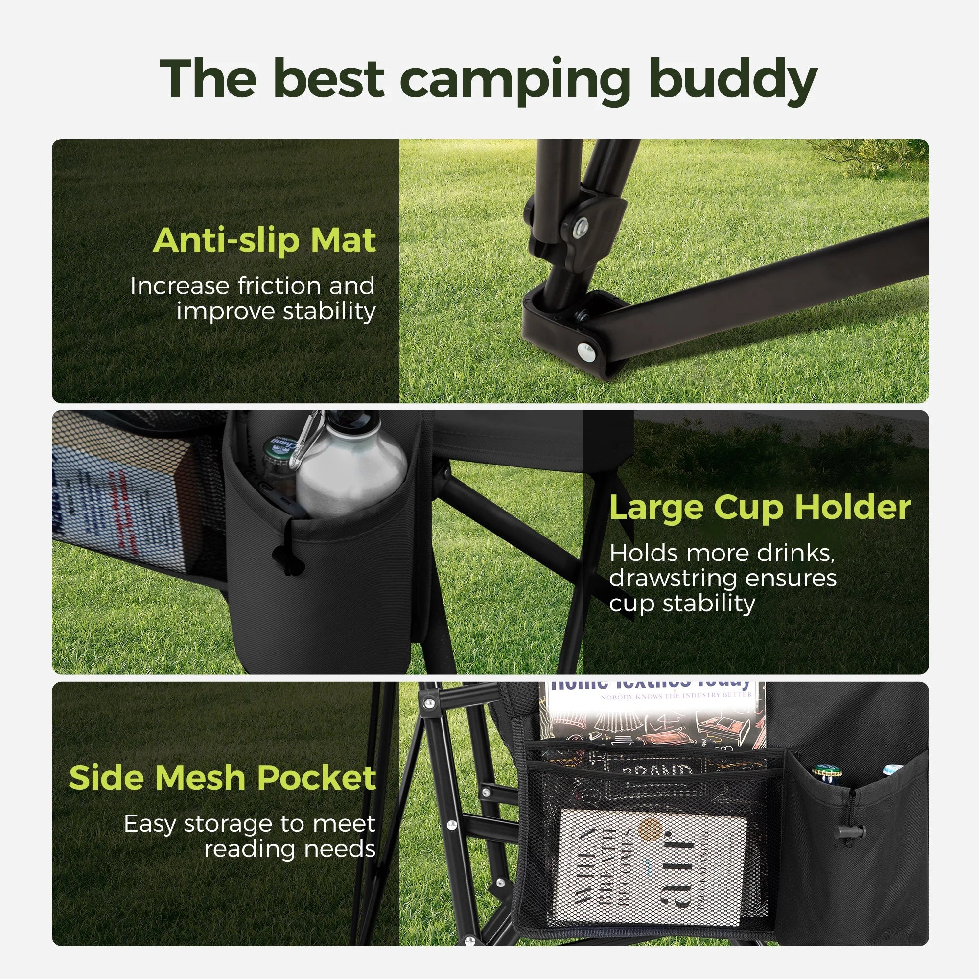 Oversized Camping Chair Heavy Duty High Back Camping Chairs 500Lbs Capacity Folding Lawn Chairs with Cup Holder, Portable for Outdoor, Beach and Picnic, Black