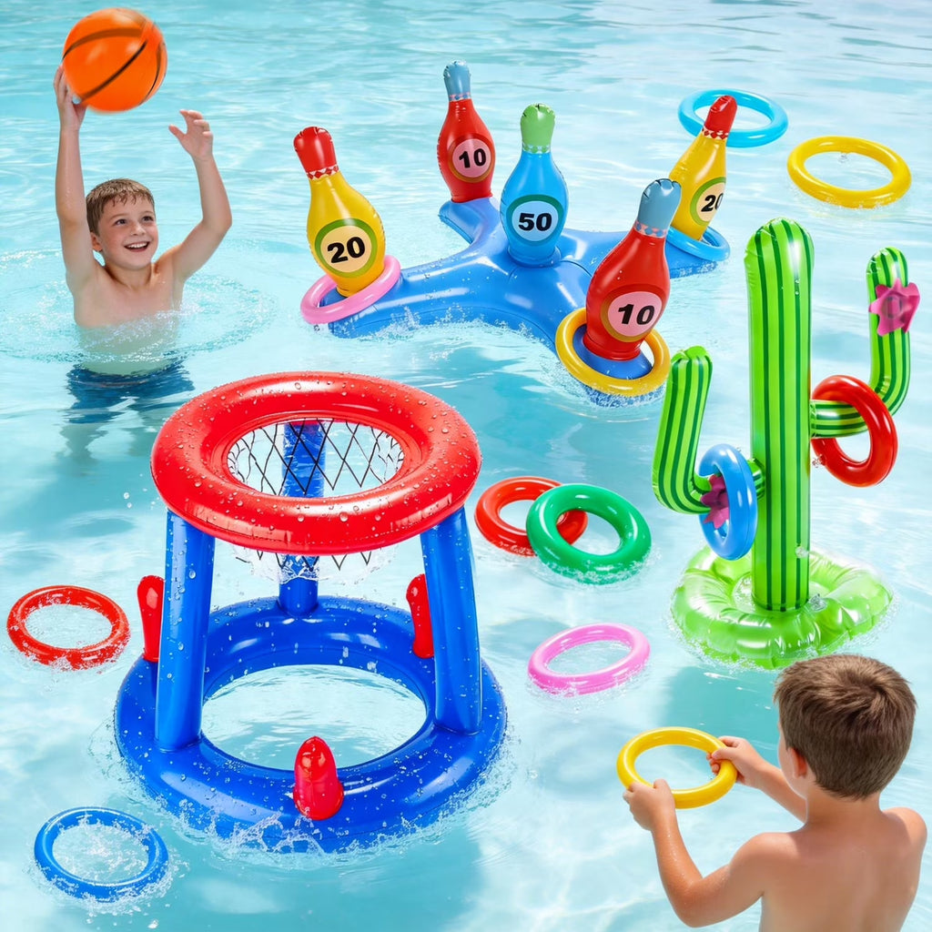 Pool Toys Games Set, Floating Basketball Hoop Inflatable Cross Ring Toss Game Toys for Kids Adults, Summer Party Swimming Pool Water Games