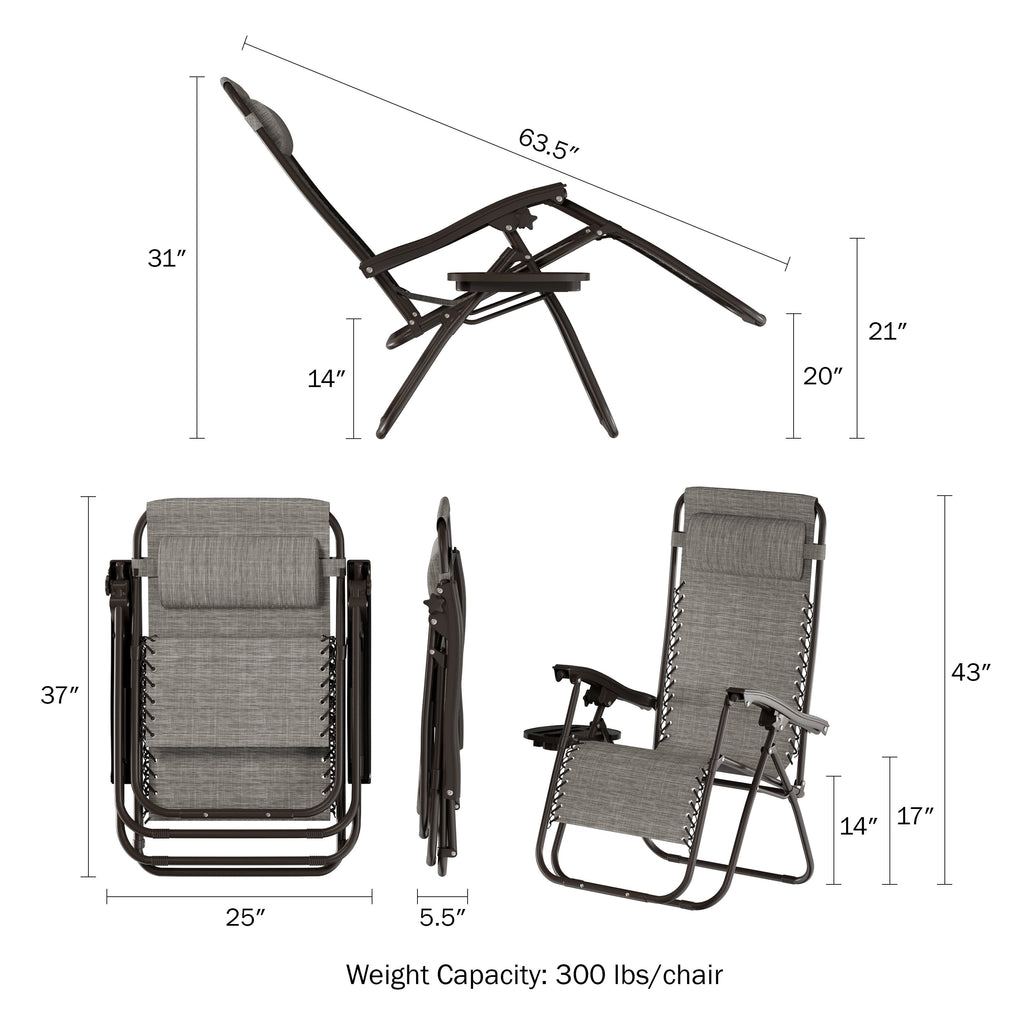 Set of 2 Outdoor Zero Gravity Chairs with Side Table (Gray)