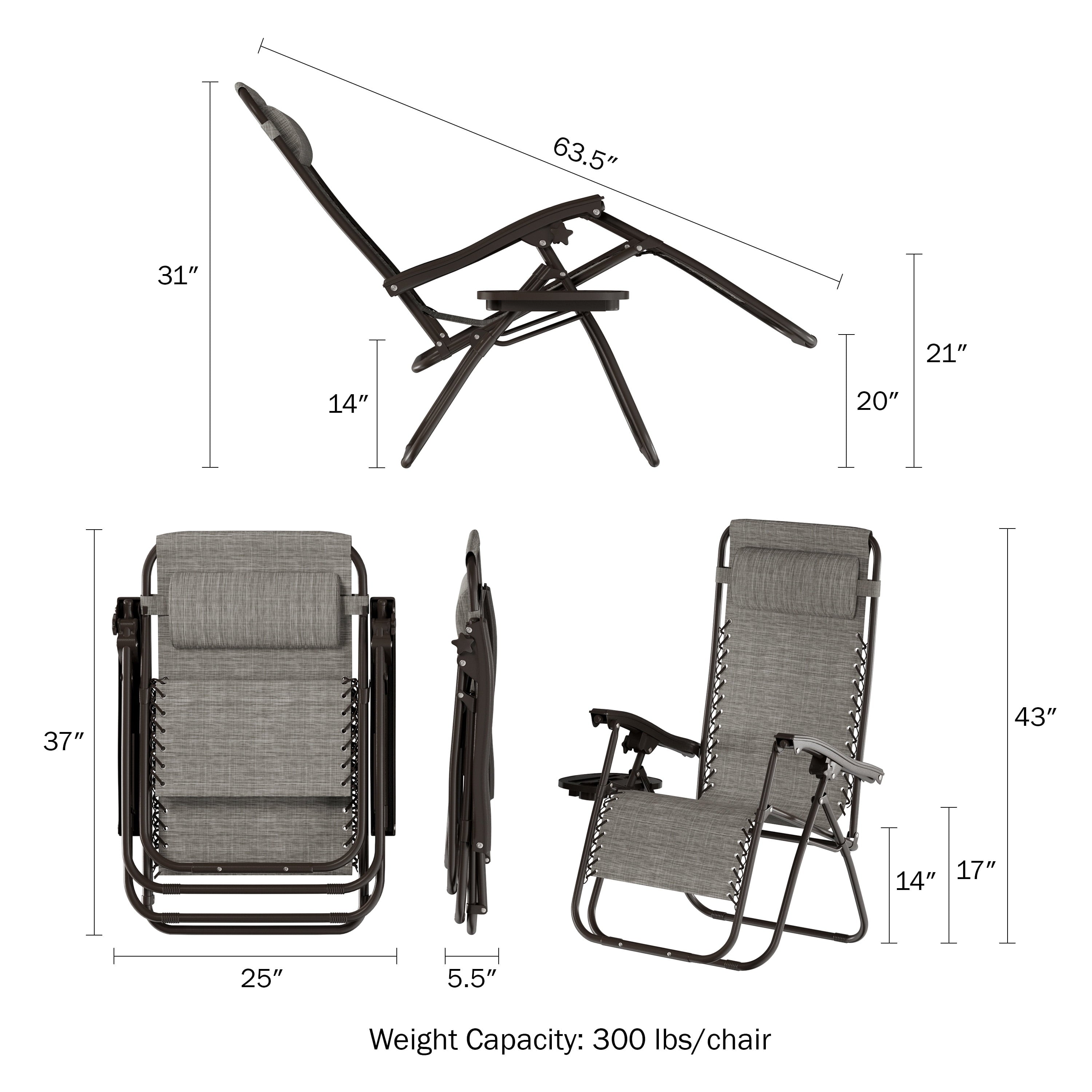 Set of 2 Outdoor Zero Gravity Chairs with Side Table (Gray)