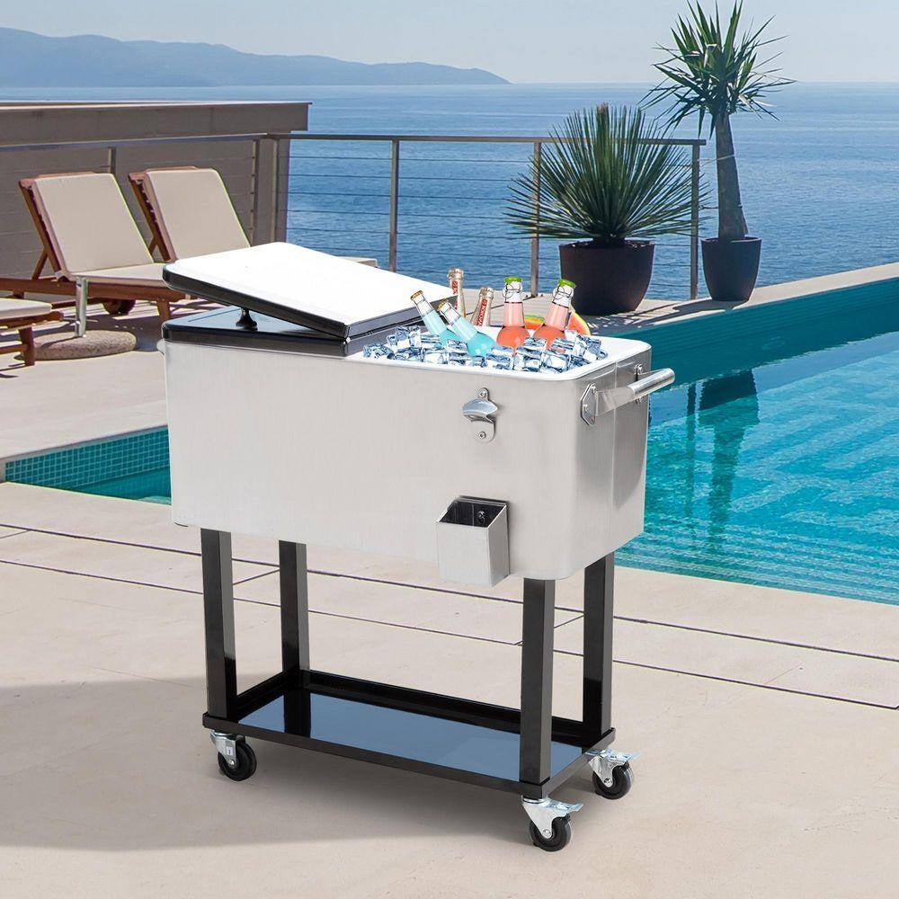 80 Qt. Patio Cooler, Rolling Cooling Bins Ice Chest, Drink Cooler Cart in Silver