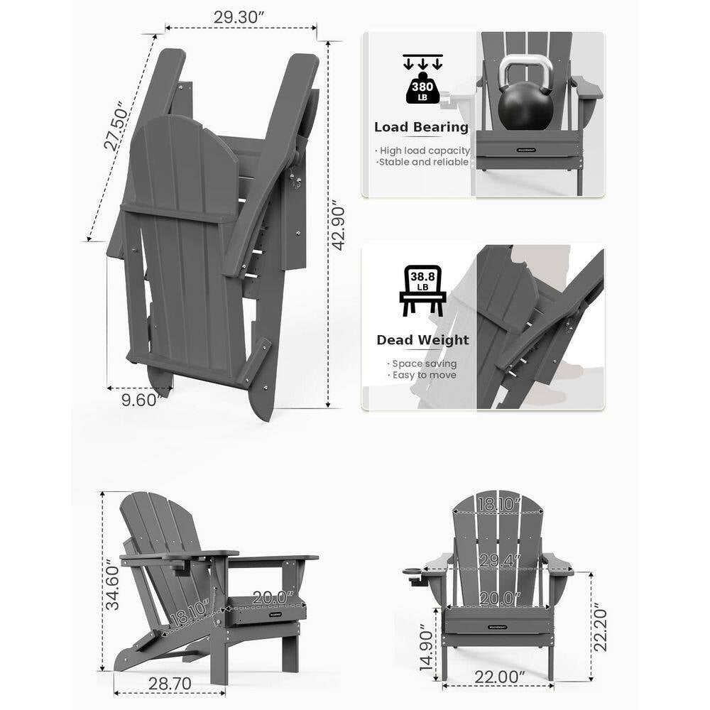 Gray Folding Adirondack Chairs Set of 1, Patio Chairs with Cup Holder, Lawn Chairs, Weather Resistant, Recyclable