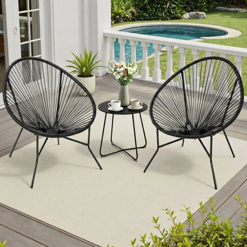 3 Piece Patio Acapulco Furniture Bistro Set, Outdoor Bistro Set Acapulco Chairs All-Weather Rattan Wicker Chairs with Plastic Rope and Coffee Table, Black