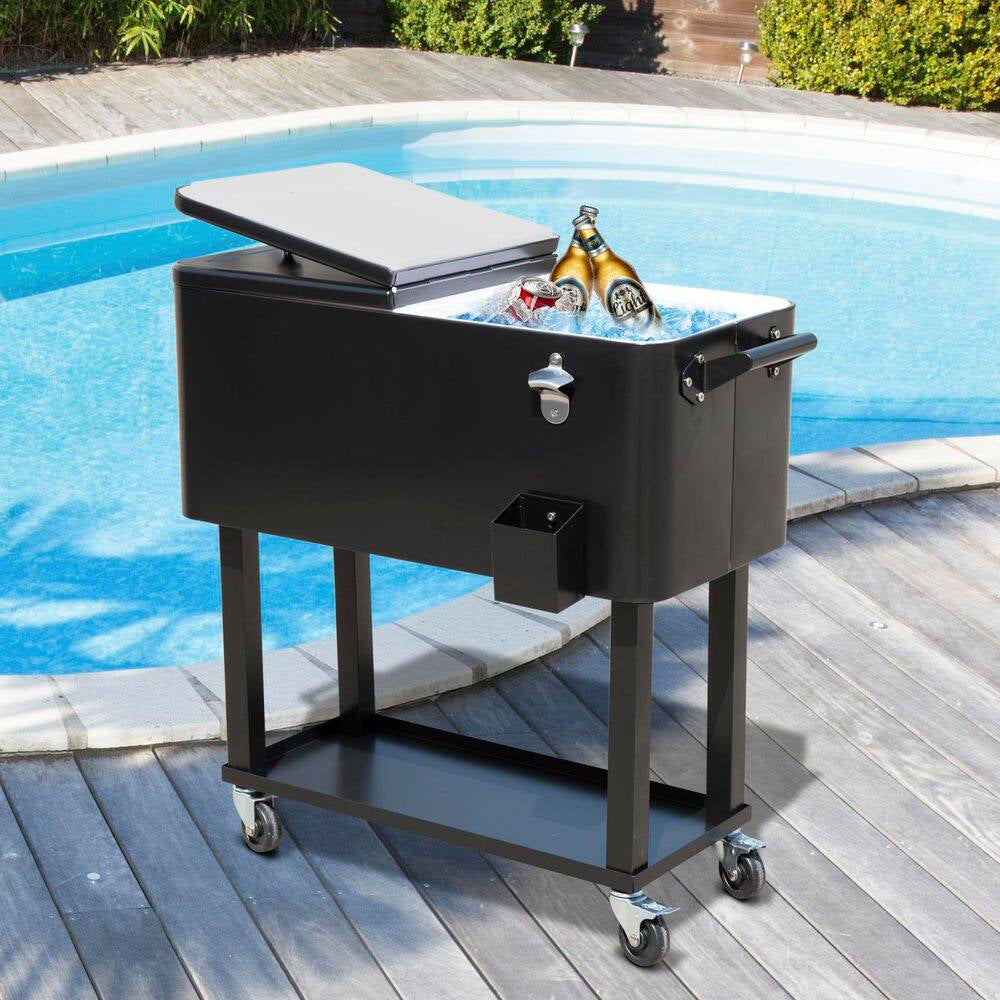 80 Qt. Rolling Cooler Ice Chest on Wheels Outdoor Party Drink Cooler Cart Black