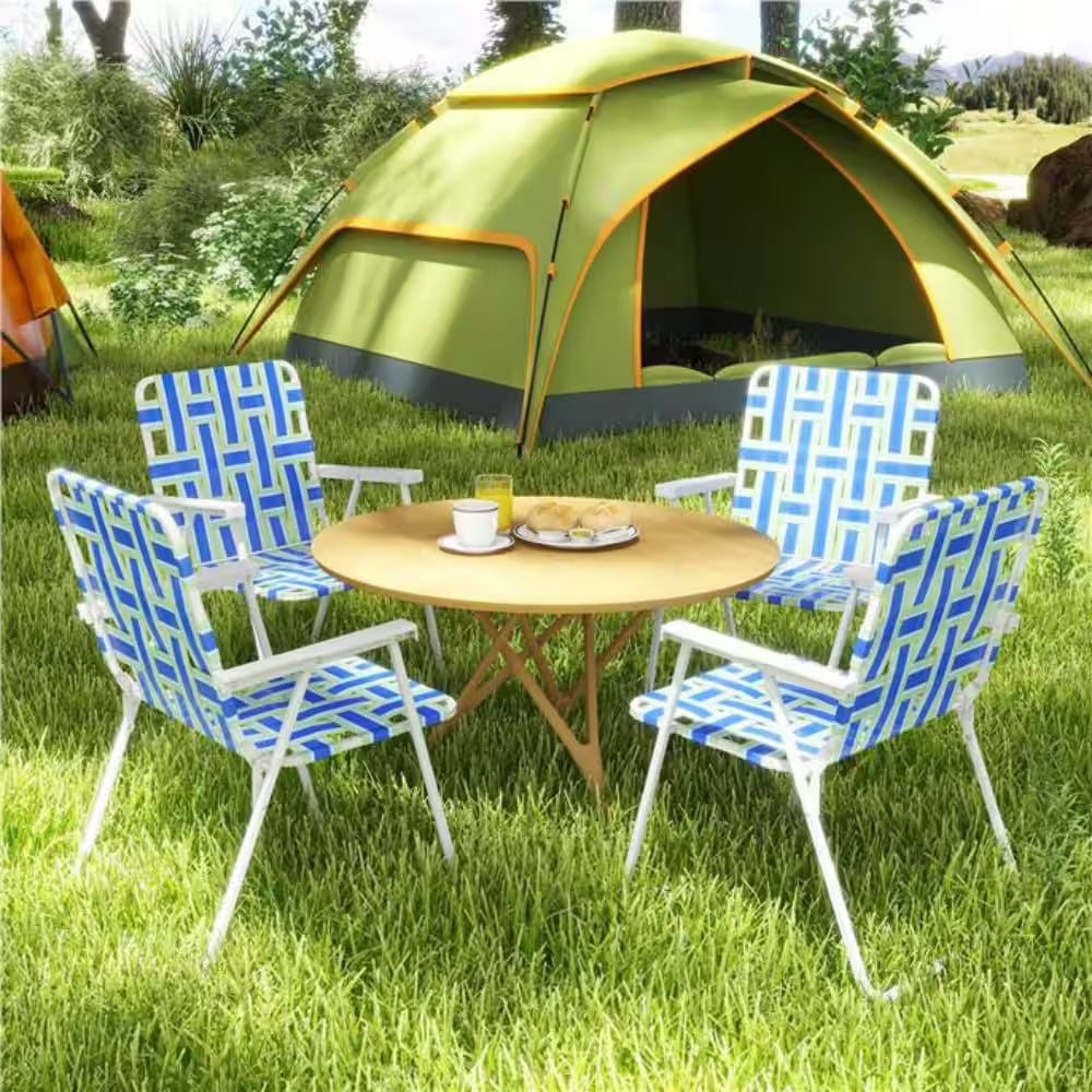 Blue Metal Webbed Lawn Chairs Outdoor Patio Folding Beach Chairs with Flightweight Portable Web Camping Chairs(Set of 2)