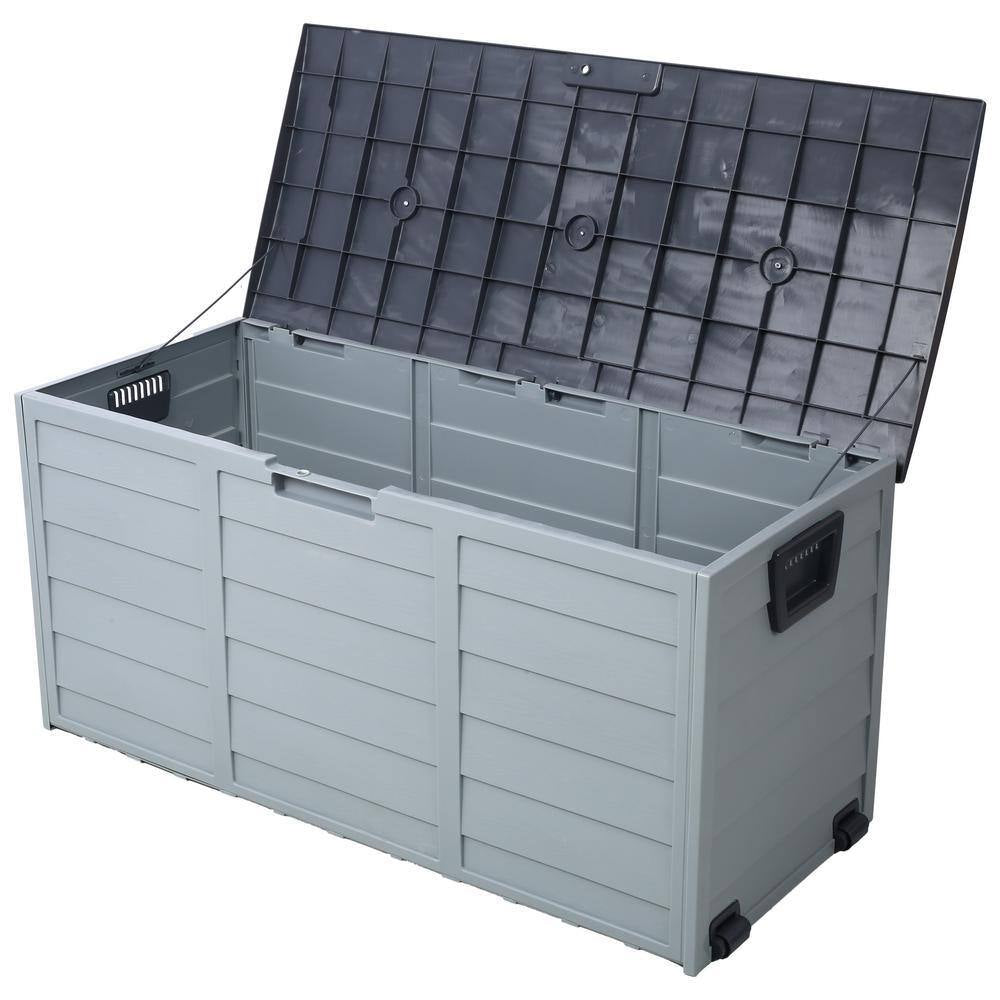 75 Gal. Plastic Deck Box, All Weather UV Pool Deck Box, Storage Shed Bin Backyard Patio Outdoor with Wheel in Gray