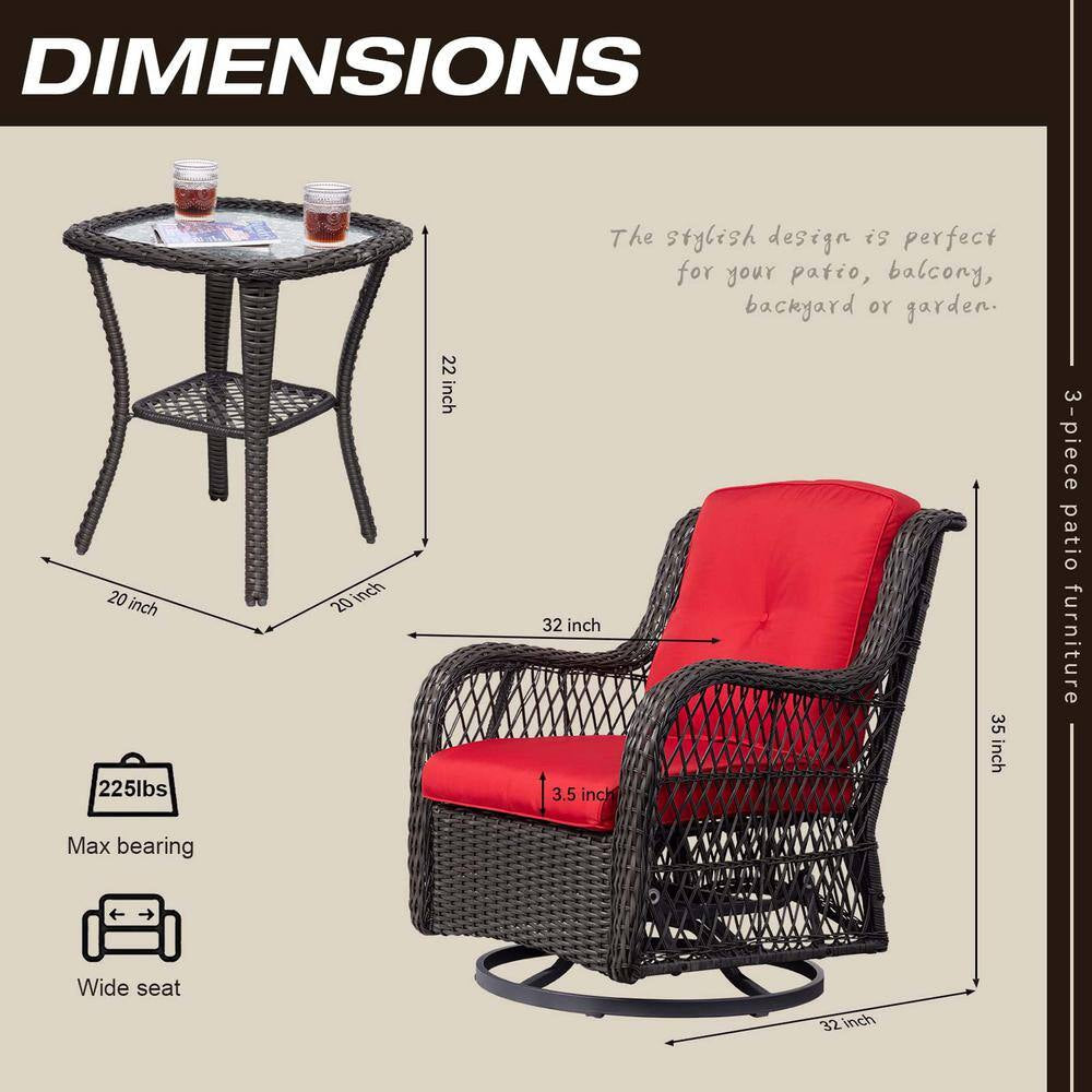 3-Piece Wicker Outdoor Patio Conversation Seating Set with Red Cushions and Coffee Table for Patio, Garden, Backyard