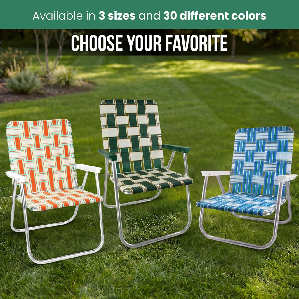 Folding Aluminum Outdoor Patio Lawn Chair | Heavy-Duty Webbed Chairs for Camping, Sports, Beach, Yard & Tailgating | Lightweight Portable | Classic - Blue Sands with Blue Arms