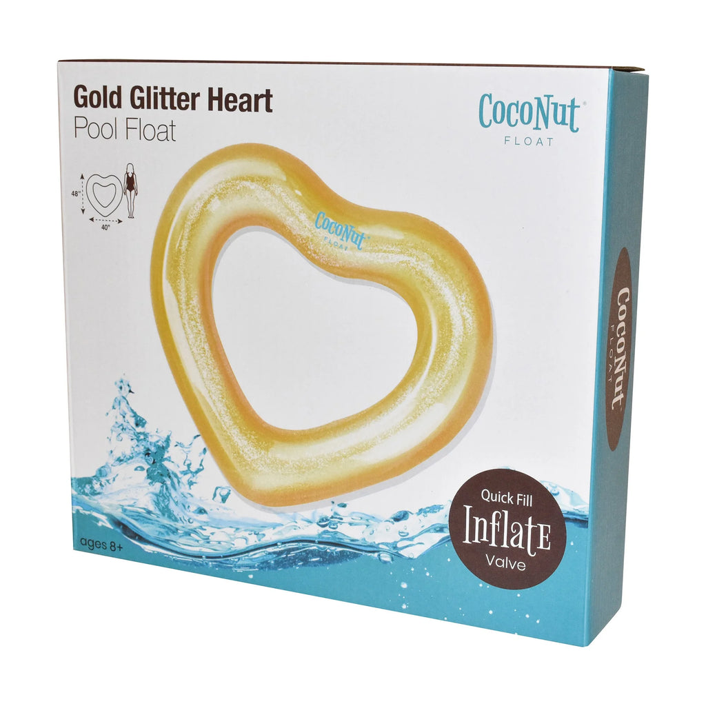 : Gold Glitter Heart Pool Float - 48"X40", Inflatable 48" Jumbo Ring, Anti-Leak, Durable, Water Accessory