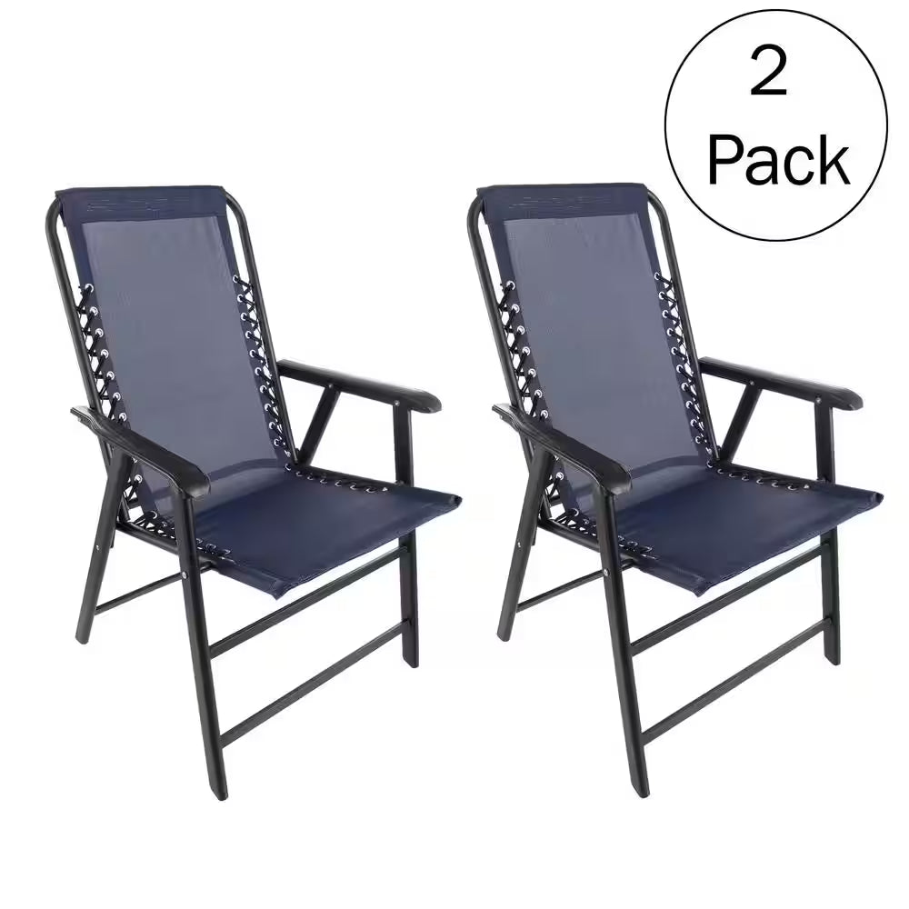 Navy Textilene Fabric and Powder-Coated Steel Folding Lawn Chairs with Bungee Suspension (Set of 2)