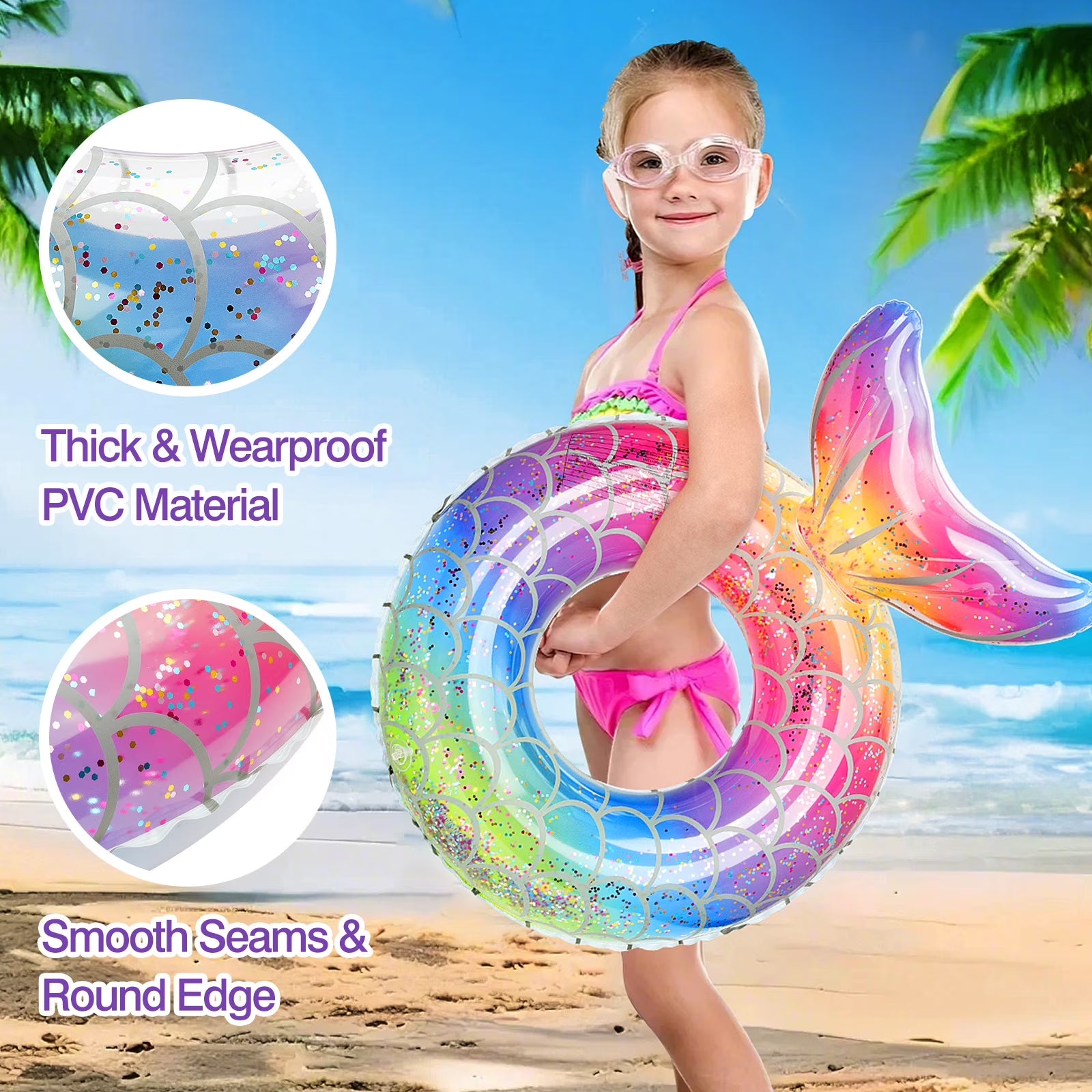 2 Pack Mermaid Tail Pool Float, Inflatable Swimming Ring Floaties Tubes, Rainbow & Purple
