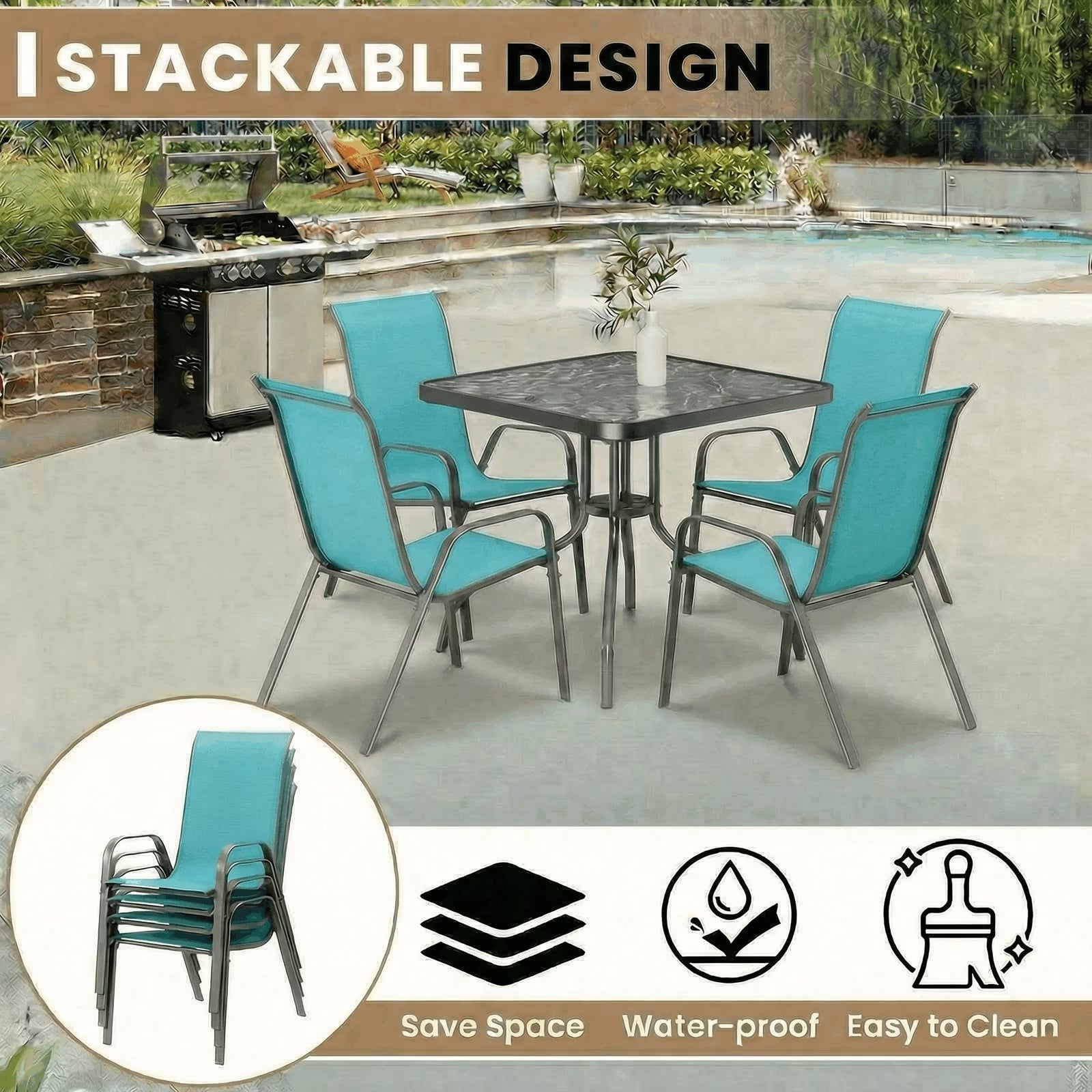 Patio Dining Set of 5, Outdoor Furniture Set with 4 Stackable Textilene Armchairs & Square Table, Light Blue