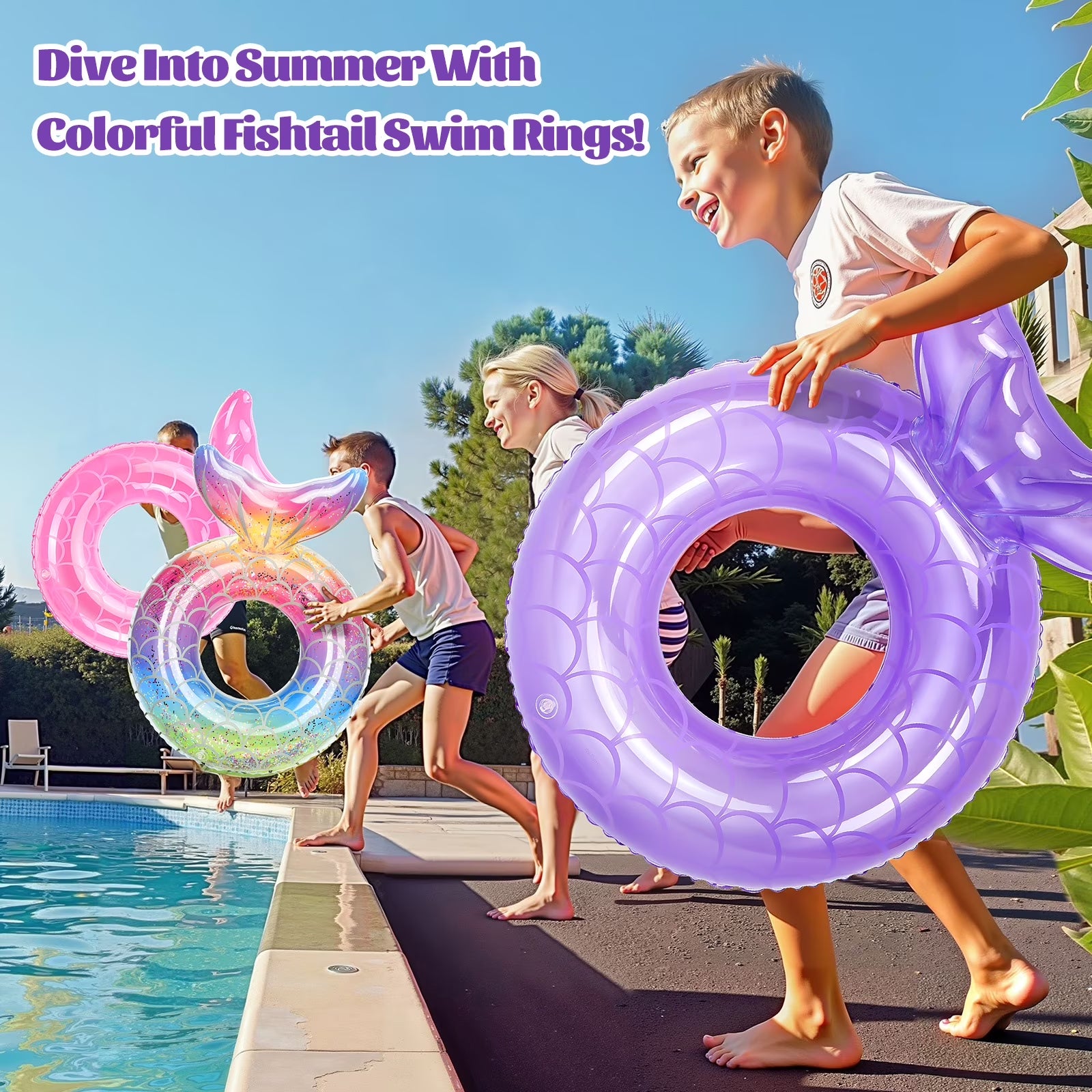 2 Pack Mermaid Tail Pool Float, Inflatable Swimming Ring Floaties Tubes, Rainbow & Purple