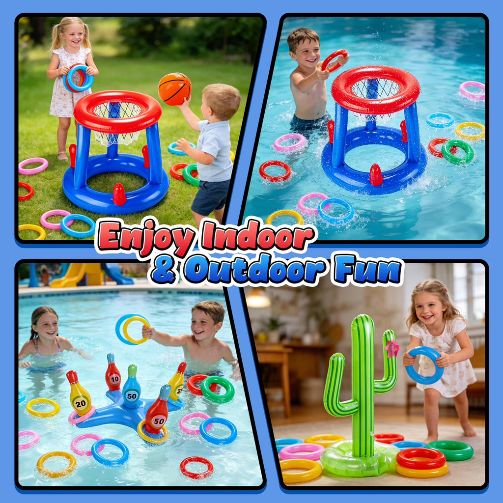 Pool Toys Games Set, Floating Basketball Hoop Inflatable Cross Ring Toss Game Toys for Kids Adults, Summer Party Swimming Pool Water Games