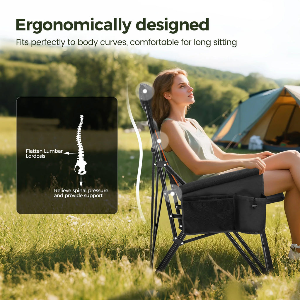 Oversized Camping Chair Heavy Duty High Back Camping Chairs 500Lbs Capacity Folding Lawn Chairs with Cup Holder, Portable for Outdoor, Beach and Picnic, Black