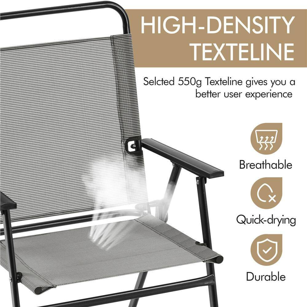 Set of 2 Outdoor Texteline Foldable Dining Chairs, All-Weather Folding Lawn Chairs with Backrest/ Armrests, Gray