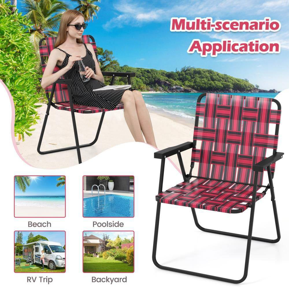 Red Metal Folding Webbed Lawn Chairs, Outdoor Patio Folding Beach Chairs with Heavy Duty Frame (Set-4)