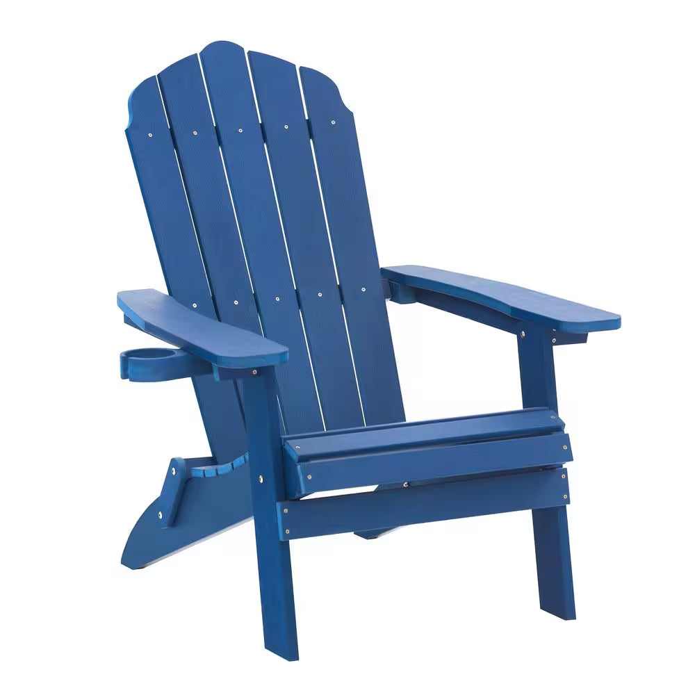 Navy Blue Plastic Foldable Adirondack Chair with Cup Holder, HDPE Lawn Chair, 350 Lbs.