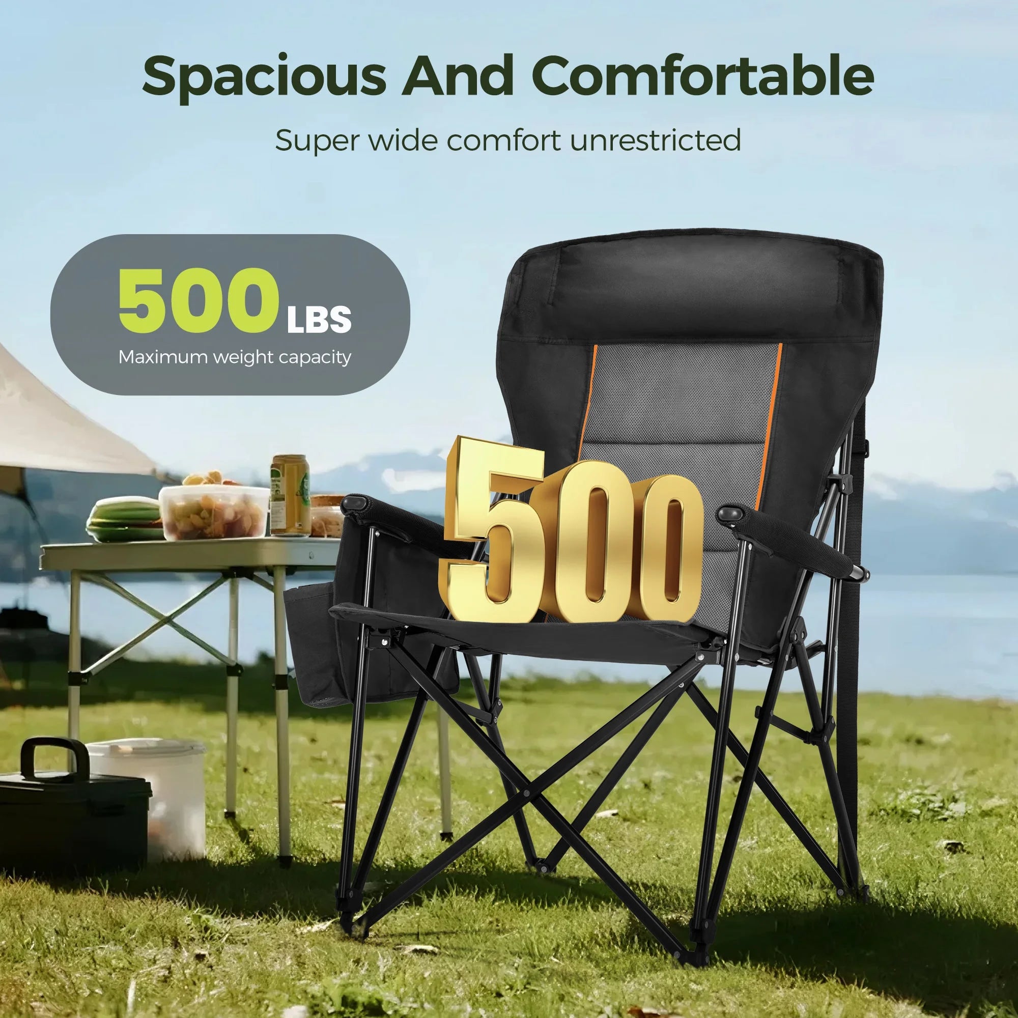 Oversized Camping Chair Heavy Duty High Back Camping Chairs 500Lbs Capacity Folding Lawn Chairs with Cup Holder, Portable for Outdoor, Beach and Picnic, Black