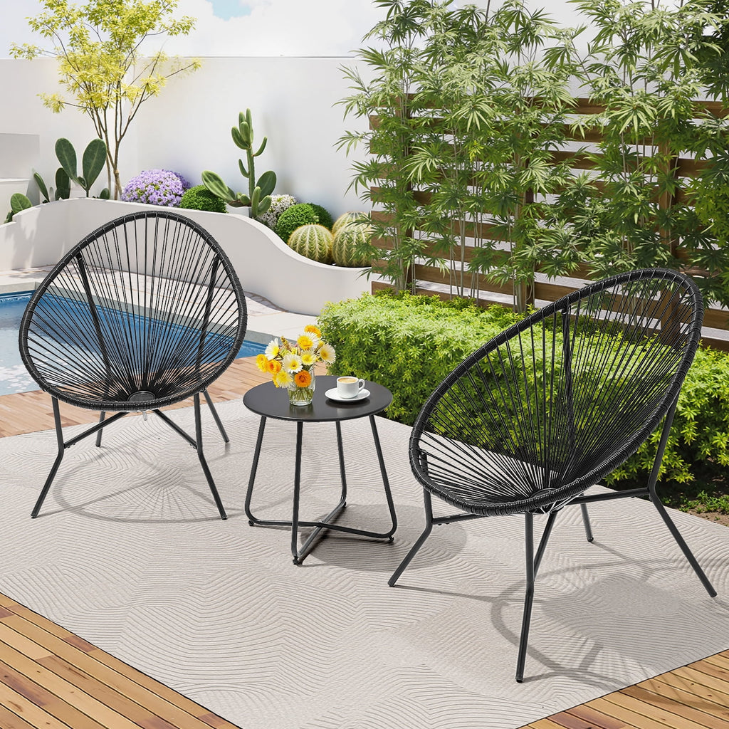 3 Piece Patio Acapulco Furniture Bistro Set, Outdoor Bistro Set Acapulco Chairs All-Weather Rattan Wicker Chairs with Plastic Rope and Coffee Table, Black