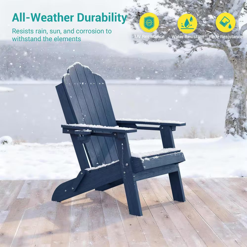 Navy Blue Plastic Foldable Adirondack Chair with Cup Holder, HDPE Lawn Chair, 350 Lbs.