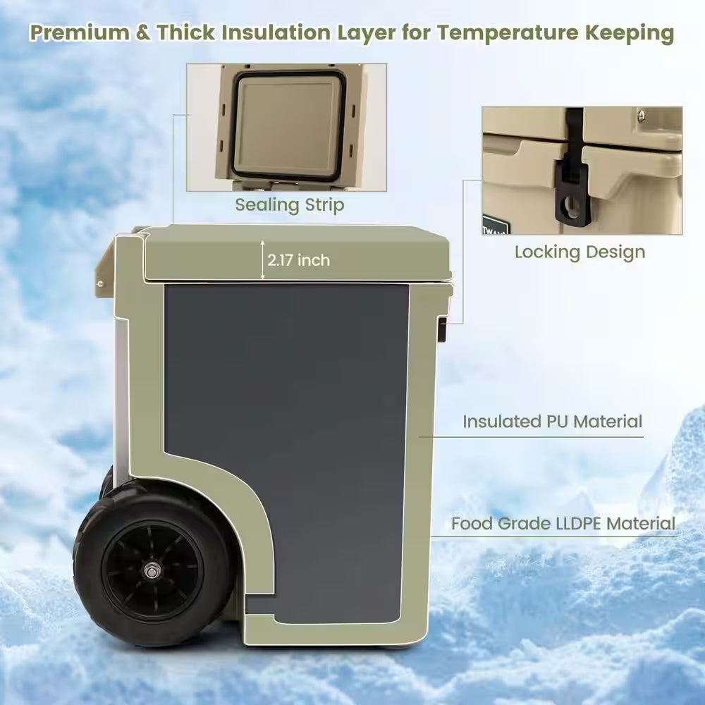 45 Qt. Cooler Towable Ice Chest Cooler with All-Terrain Wheels Leak-Proof for Camping