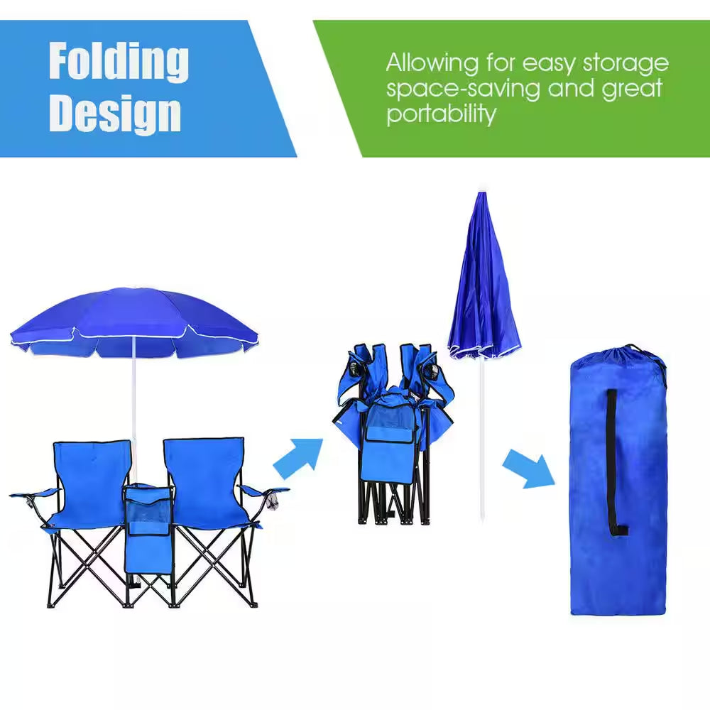 Steel Patio Portable Folding Double Lounge Chairs with Umbrella Bench and Lawn Chairs