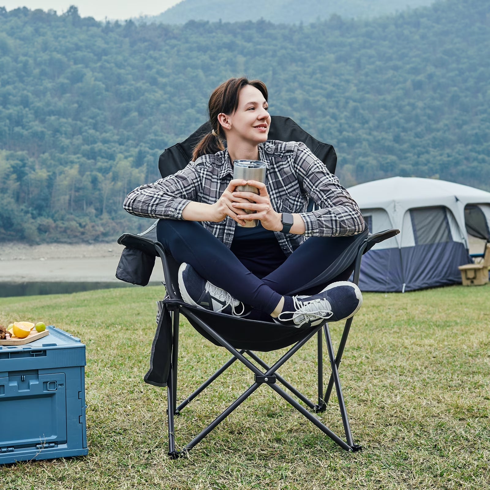 Oversized Camping Chair with High Back Padded Folding Portable Lawn Chairs Lightweight Sturdy Steel for Adults Foldable Outdoor Chair , Blue