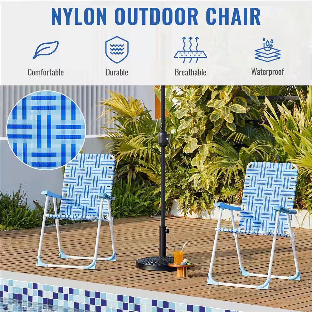 Set of 2 Patio Webbed Folding Chairs Nylon Fabric Portable Lawn Chairs Camping Chairs, Blue