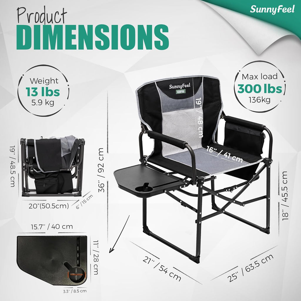 Oversized Camping Directors Chair, Portable Folding Lawn Chairs for Adults Heavy Duty with Side Table,Pocket for Beach, Fishing,Picnic,Concert,Tailgating，Outdoor Foldable Camp Chair