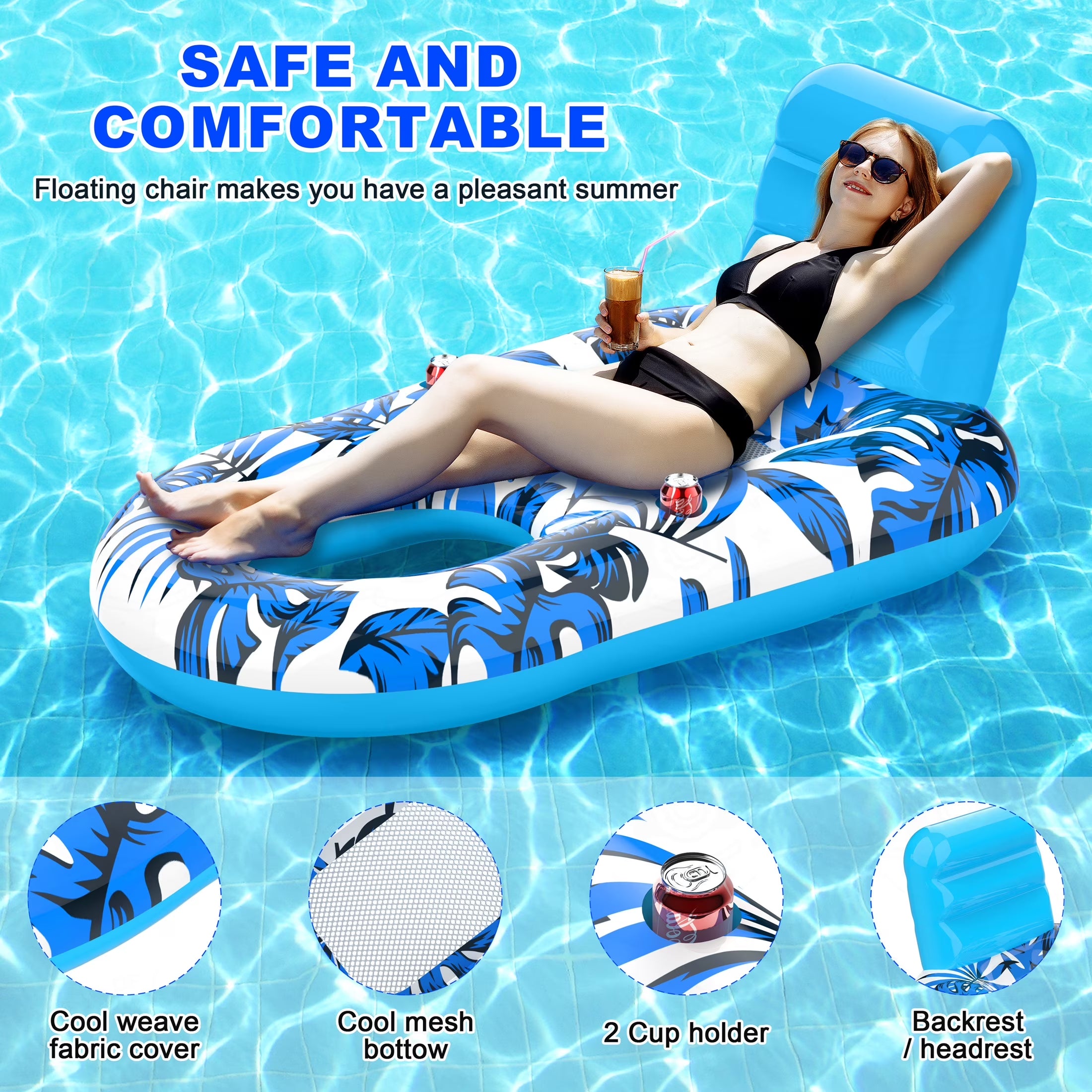 Blue Pool Floats, 57"X36" Inflatable Water Floats Water Mat, Comfort Pool Toys Pool Mat for Adults