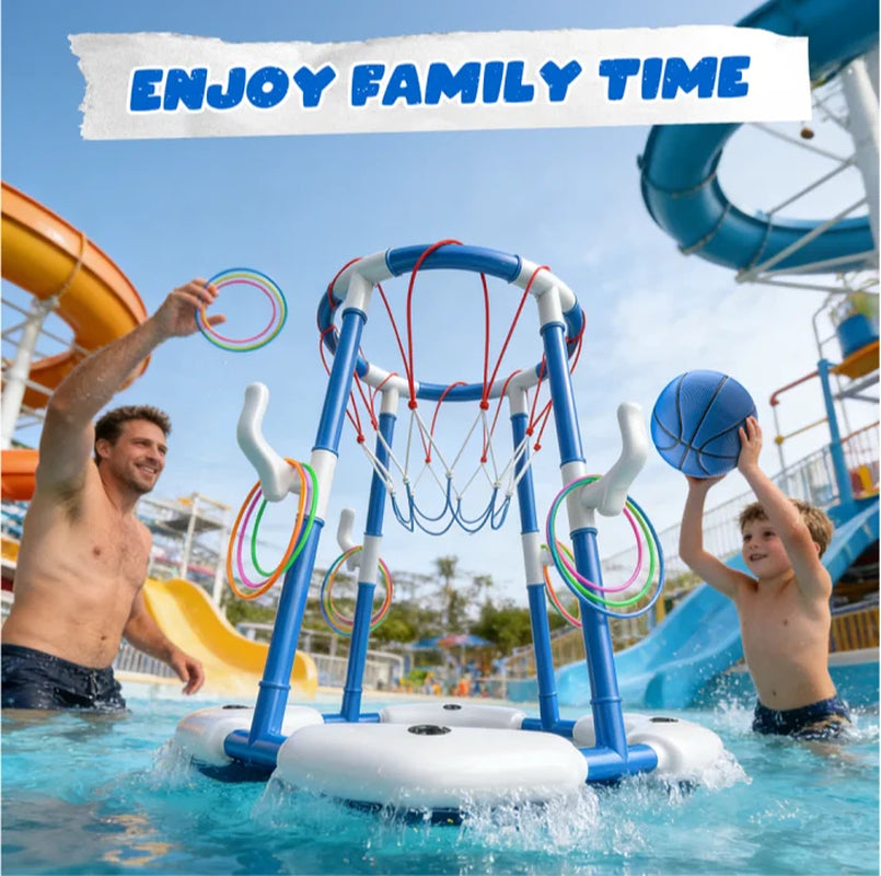 2-In-1 Floating Pool Basketball Hoops & Pool Ring Toss Game, Pool Basketball Toys with 3 Balls & 12 Rings, Inflatable Swimming Pool Toys for Toddlers