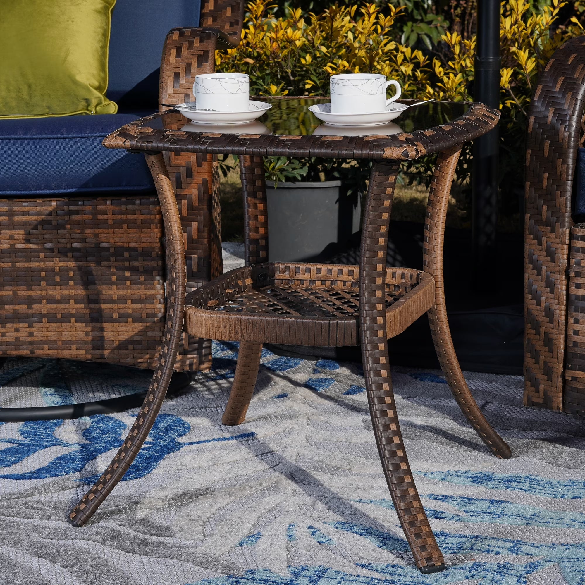 Rattan Swivel Rocking Chairs 3 PC Patio Conversation Set, Outdoor Bistro Set Lawn Garden with 2 Cushioned Chairs & 1 Side Table